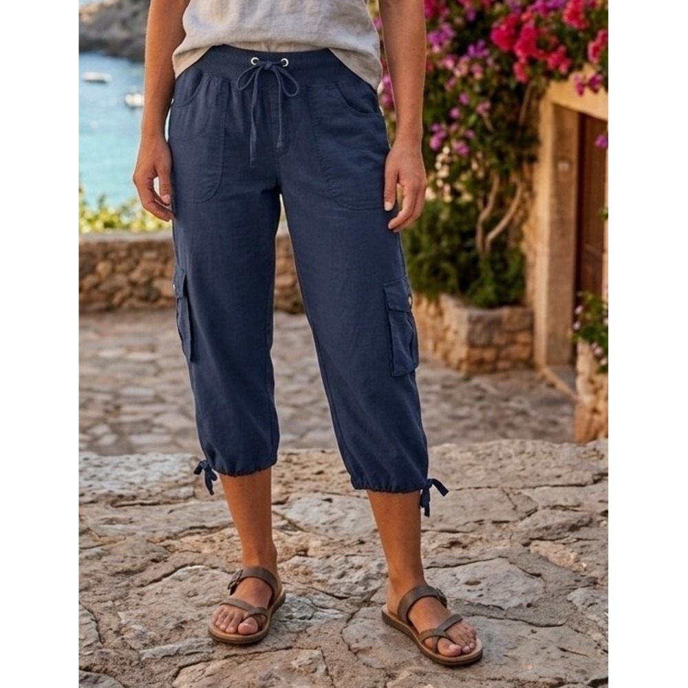 Mofiz Women's Cargo Capri Pants Size XL Navy Blue Elastic‎ Waist Hiking Gorpcore